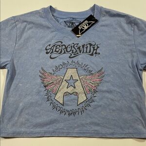 Aerosmith Graphic Band Tee Blue Short Sleeve Cropped T shirt Size M